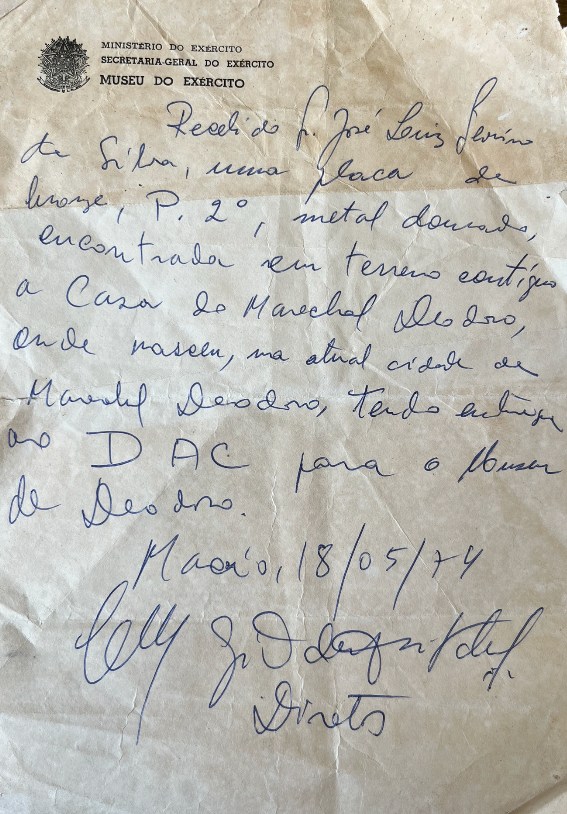 Documento de recebimento da Placa pelo Exército Brasileiro